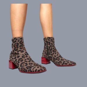 Gioseppo Inger Leopard Sock Ankle Boots Red Block Heel Size 7.5 NIB